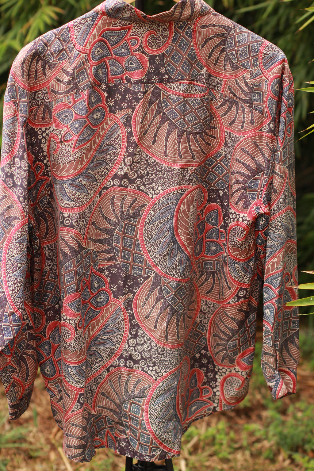 Back view of Cristina vintage paisley print silk shirt
