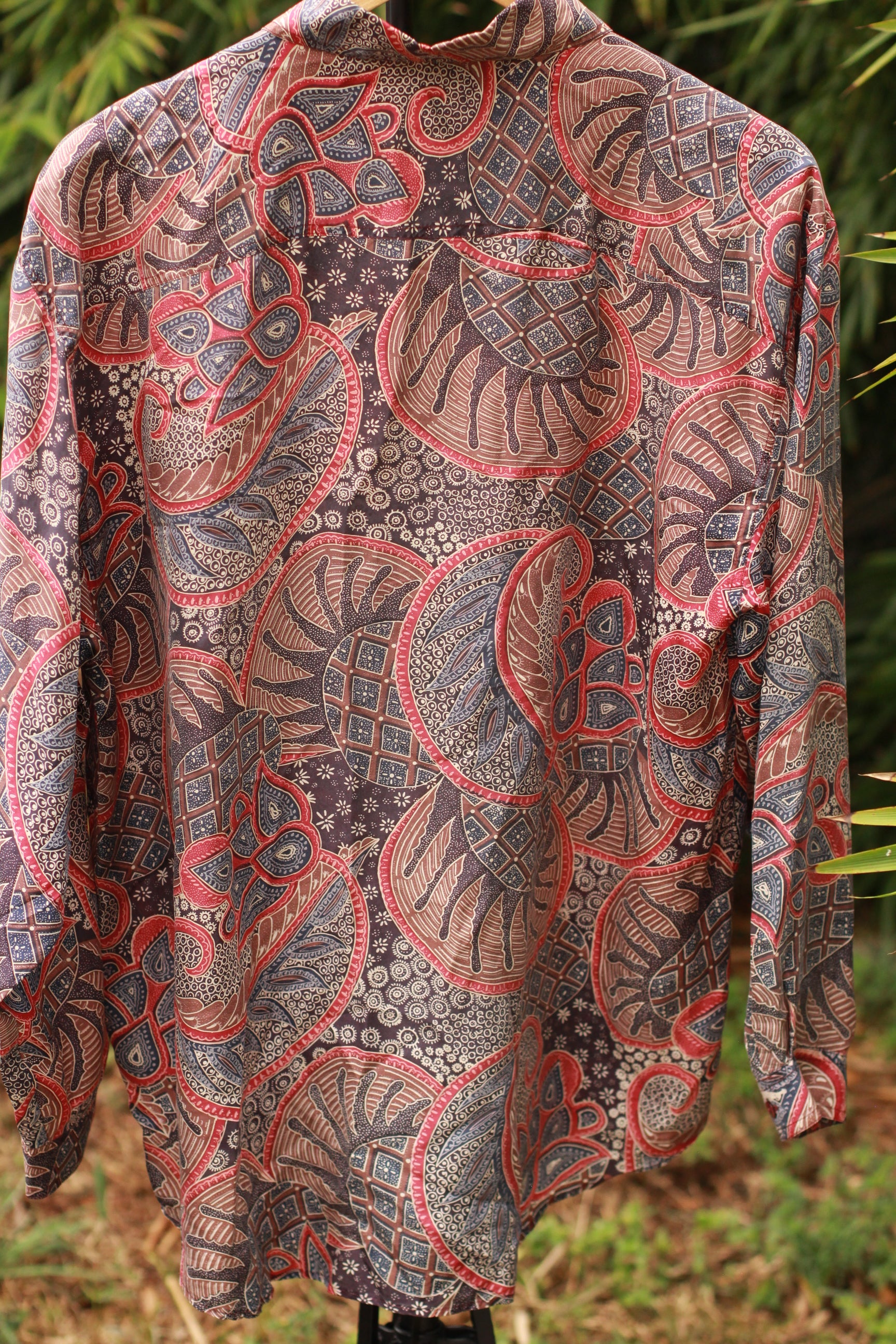 Back view of Cristina vintage paisley print silk shirt