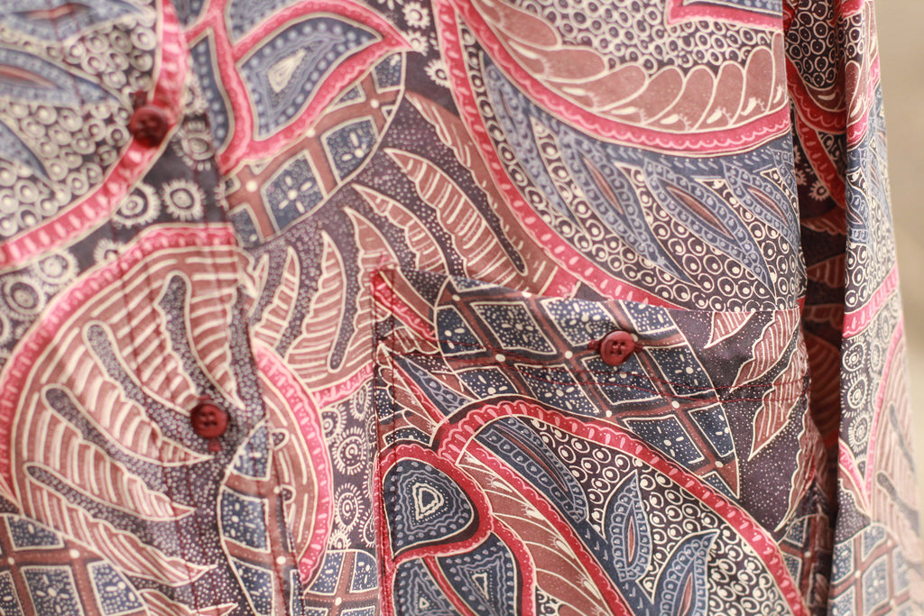 Breast pocket and button detail on 1980s paisley blouse