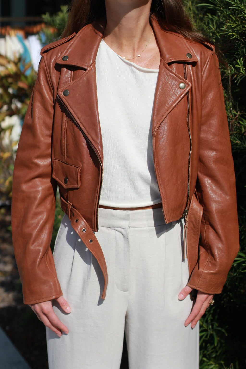Cleobella Cognac Leather Moto Jacket