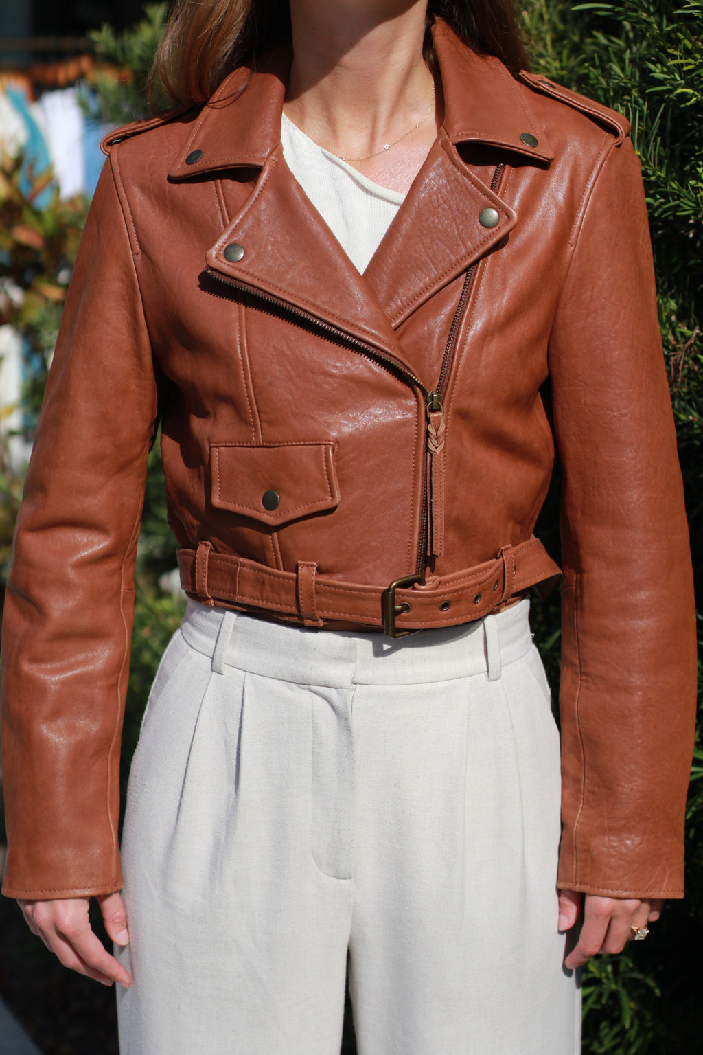 Cleobella Cognac Leather Moto Jacket