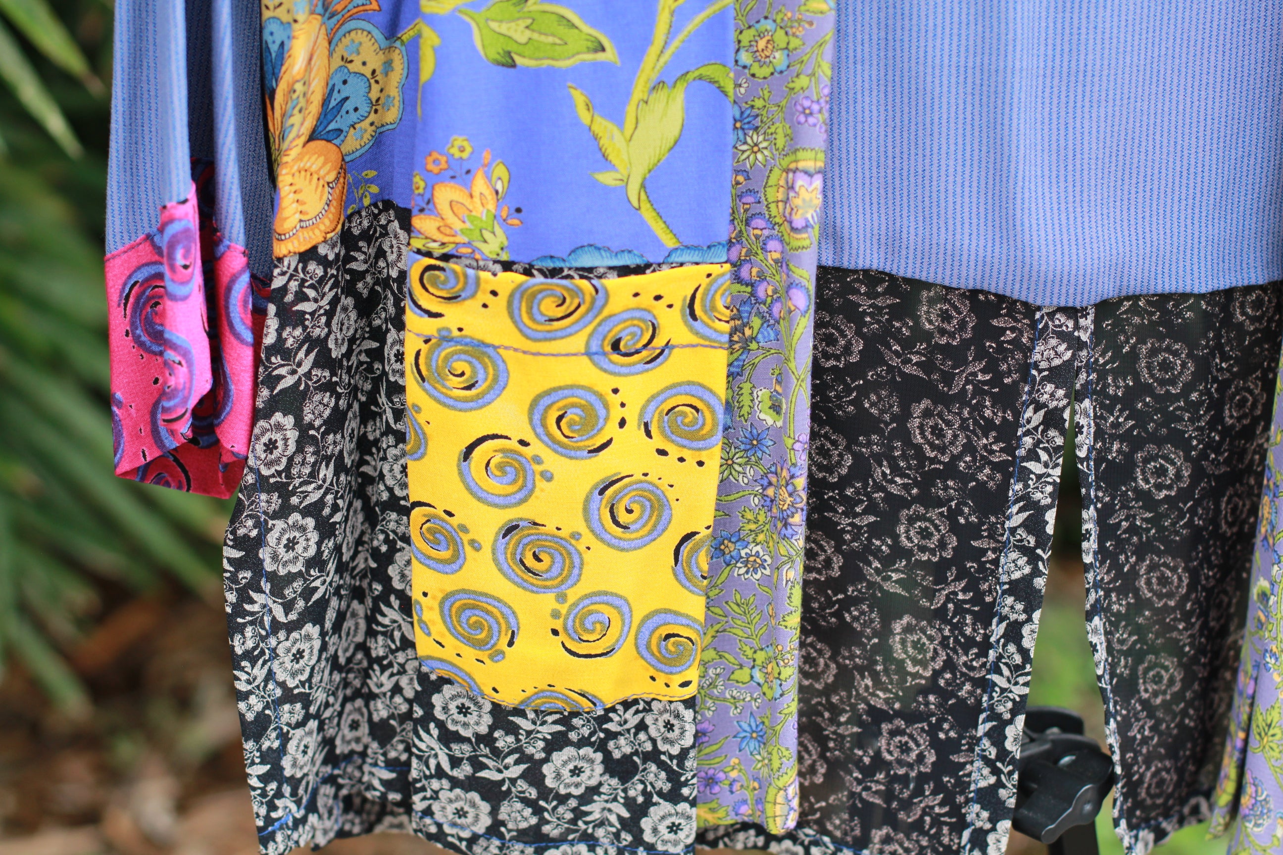 Close-up of floral patchwork and rayon texture