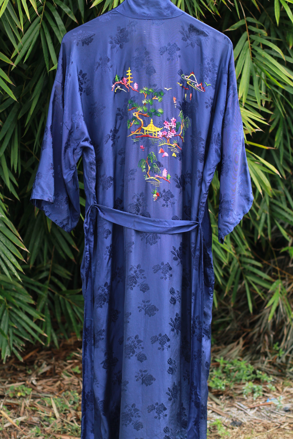 Vintage blue satin kimono robe with hand-stitched dragon embroidery on back