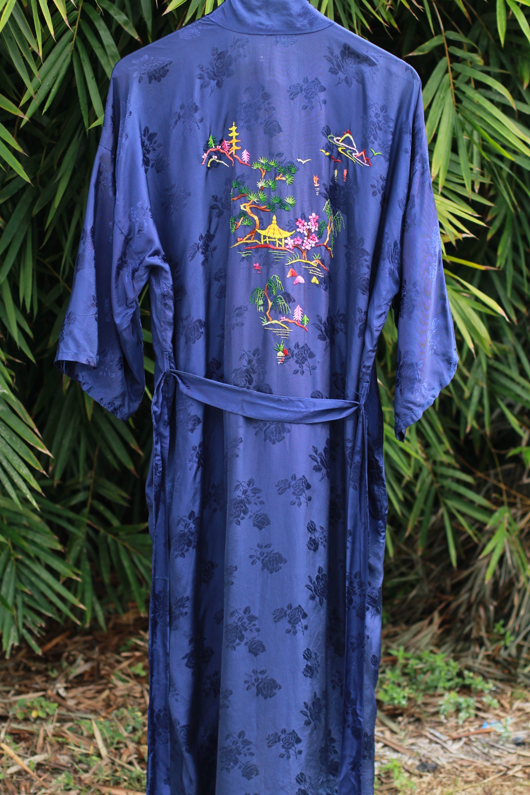 Vintage blue satin kimono robe with hand-stitched dragon embroidery on back