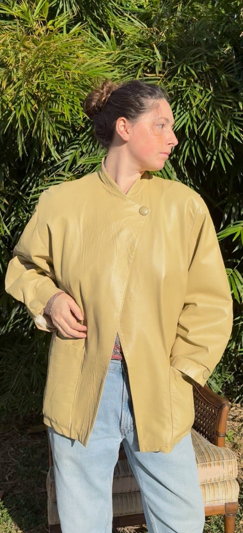 Vintage Beige Leather Tie-Belt Jacket – 1980s Paris Made Oversized Coat, modeled